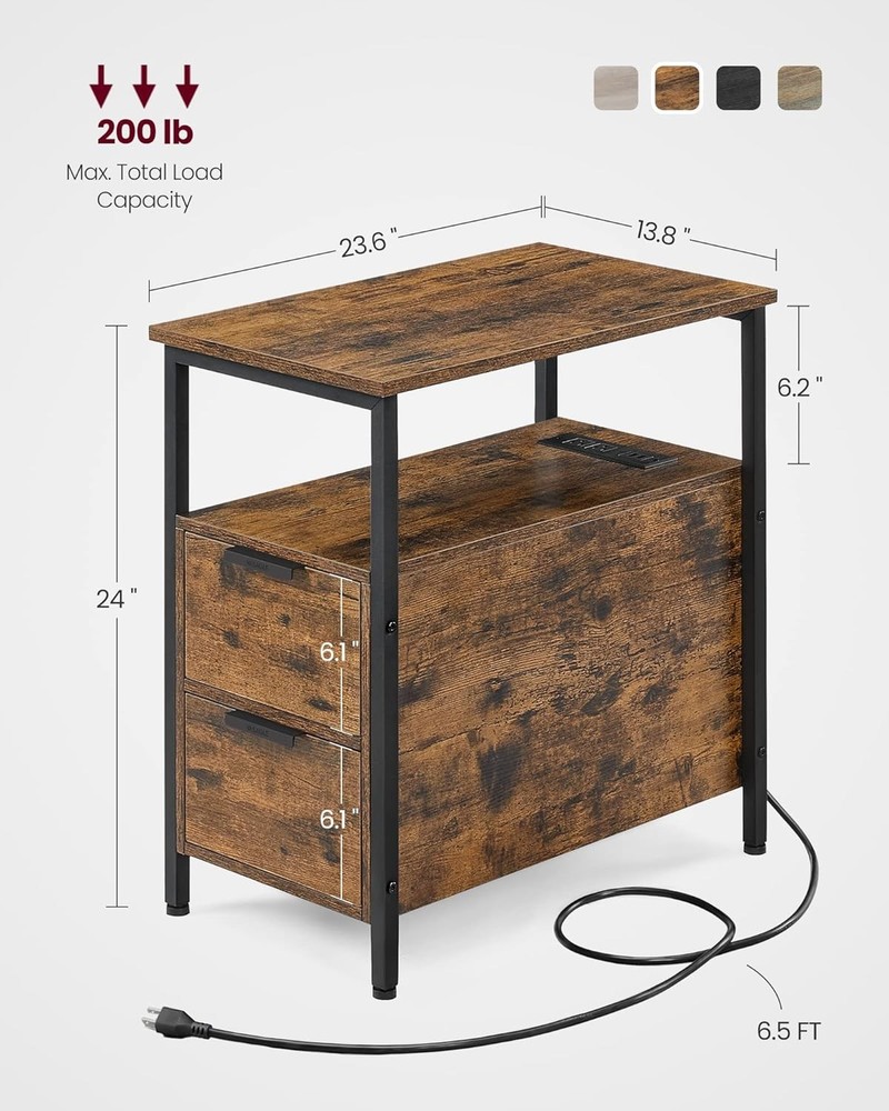 VASAGLE Side Table with Charging Station, Narrow End Rustic Brown + Black