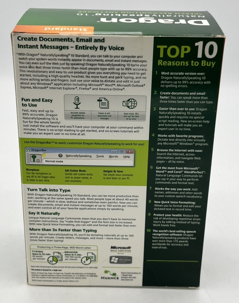 Dragon Naturally Speaking 10 Speech Recognition Software NIB