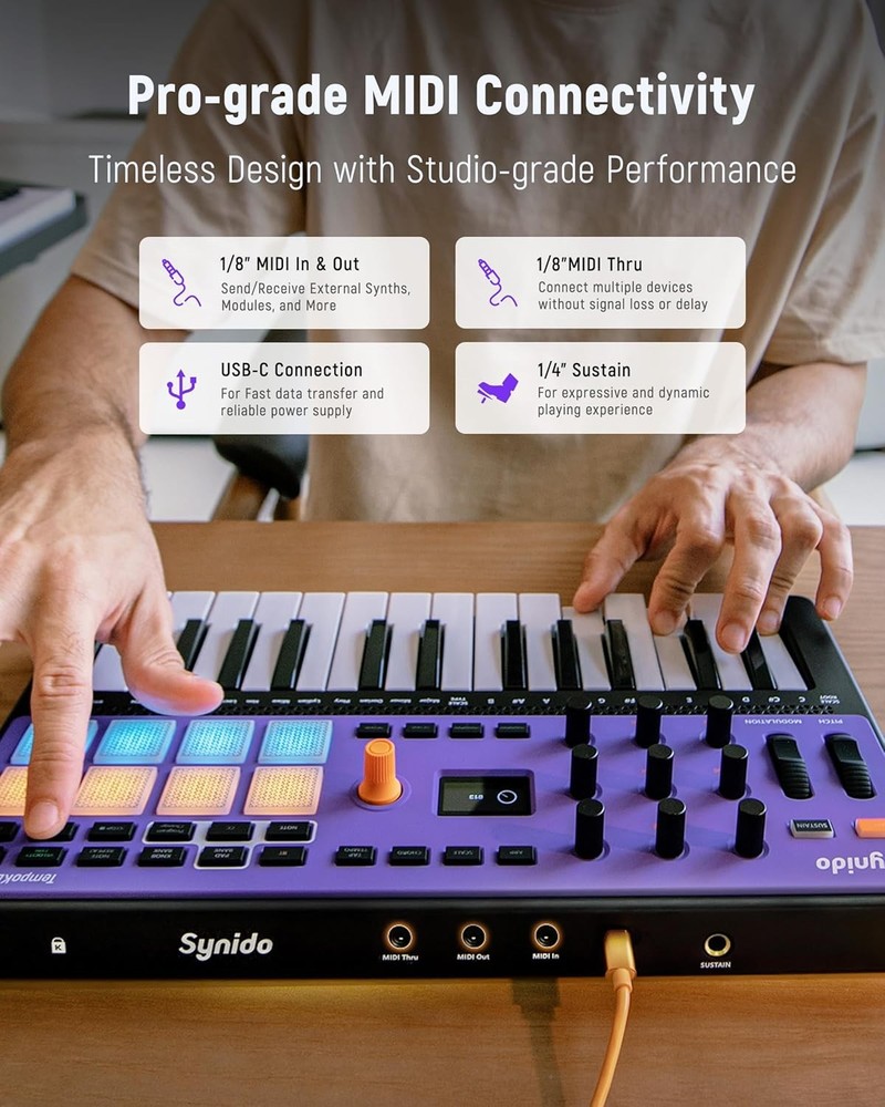 Synido USB C Rechargeable MIDI Controller Keyboard 25 Keys Wireless TempoKEY W25