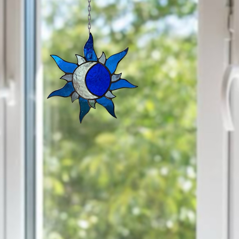 Stained Glass Eclipse Sun-carcher In Blue Hues