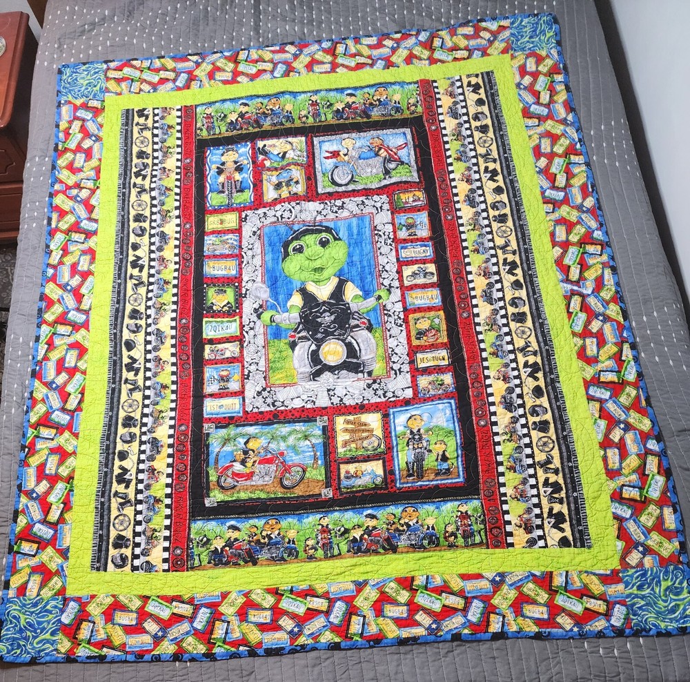 Vintage Motorcycle Biker Bugz Patchwork Reversible Quilt Throw 51" x 60"