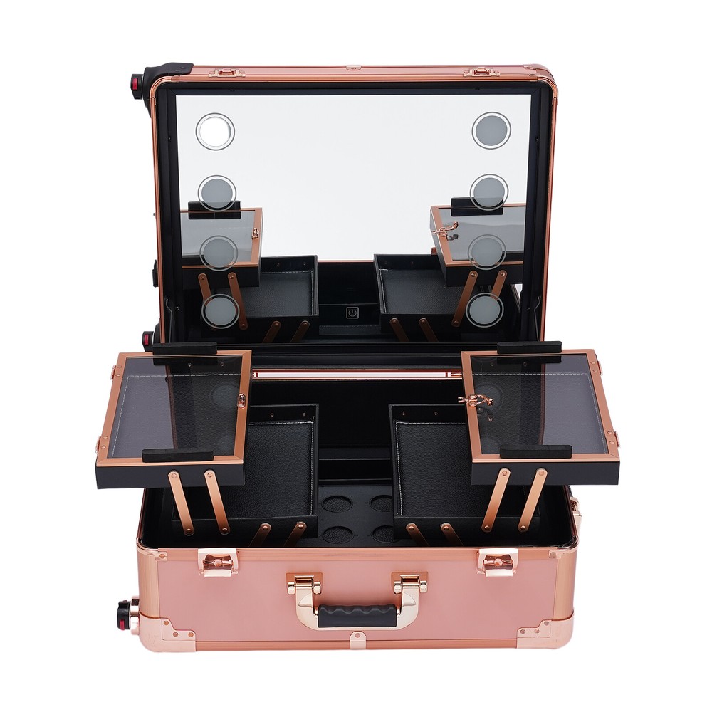 3-Tier Rolling Makeup Train Case LED Cosmetic Trolley Makeups Organizer + Mirror