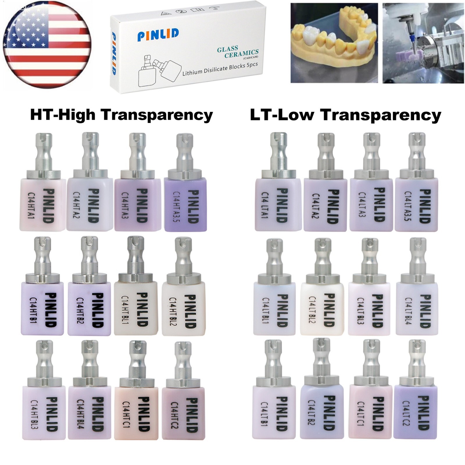 US Dental C14 HT/LT Emax Glass Ceramic Blocks Lithium Disilicate CAD/CAM CEREC