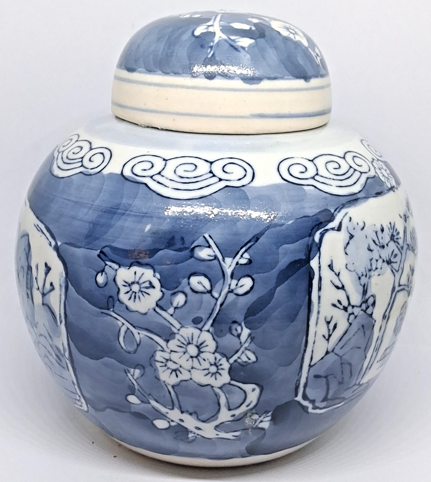 Beautiful Asian Blue & White Glaze Ceramic Lidded Ginger Jar / Urn 4.5" Tall