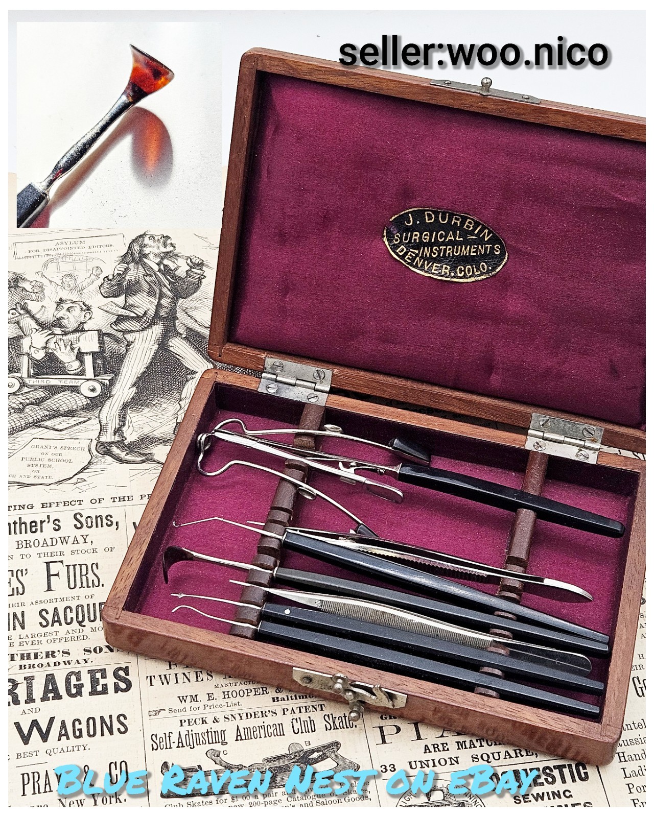 Antique Medical Eye Surgical Instruments J. Durbin Surgical Optometry Wood Rare