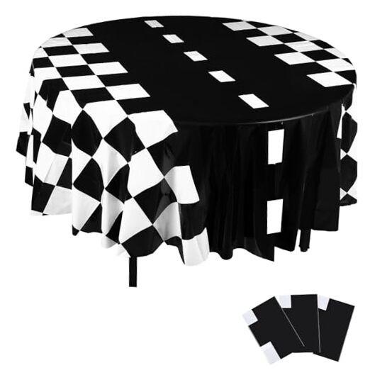 3 Pcs Plastic Racing Party Round Tablecloths Checkered Flag Table Covers Black