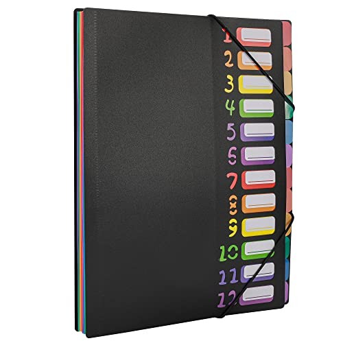 Rainbow Tab Expanding File Folder - 24 Pockets, Durable A4 Black - 24 Pockets