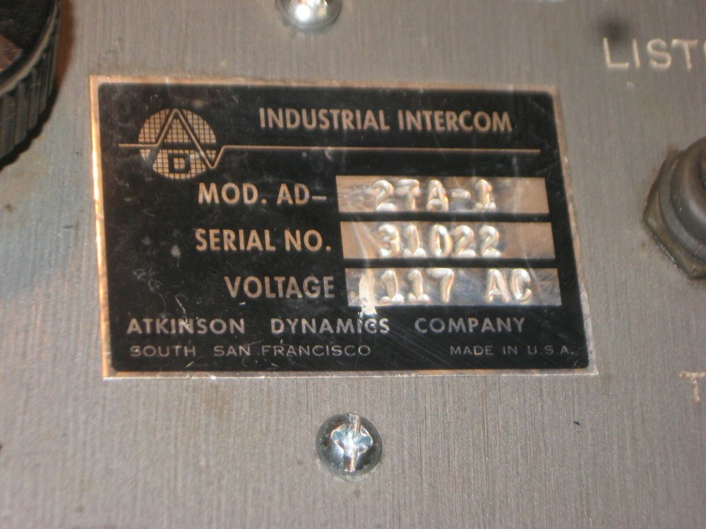 ATKINSON DYNAMICS INDUSTRIAL INTERCOM AD27 A 1