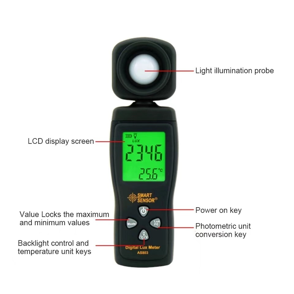 SMART SENSOR Digital Light Meter Luxmeter LCD Handheld UV Radiometer Photometer