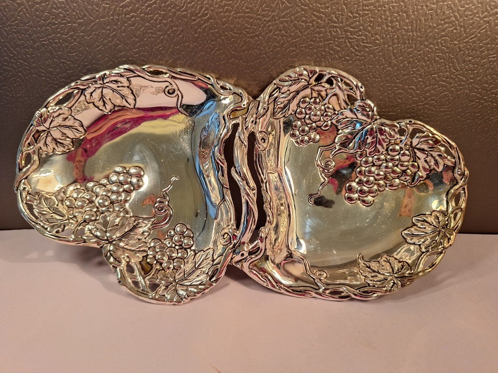Godinger Silver Plated Double Heart Dish Grape Design Decor Gift