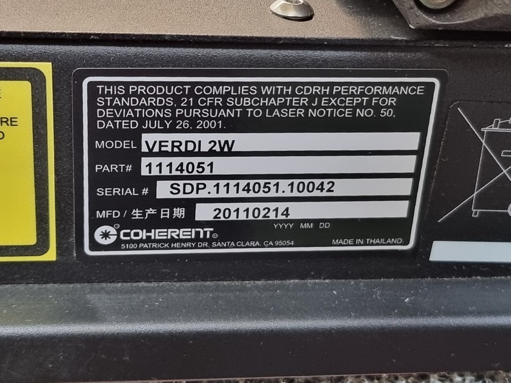 Used COHERENT VERDI-2W Verdi 2W Solid State Diode Laser