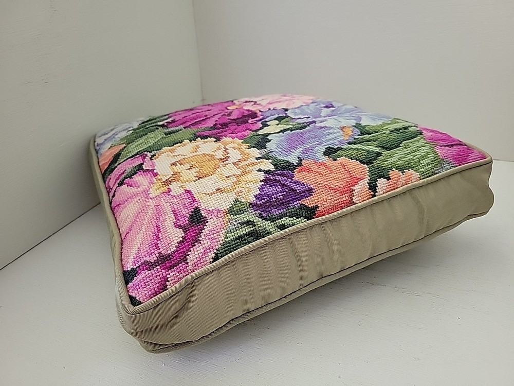 Vintage Needlepoint Pillow Iris Green Square