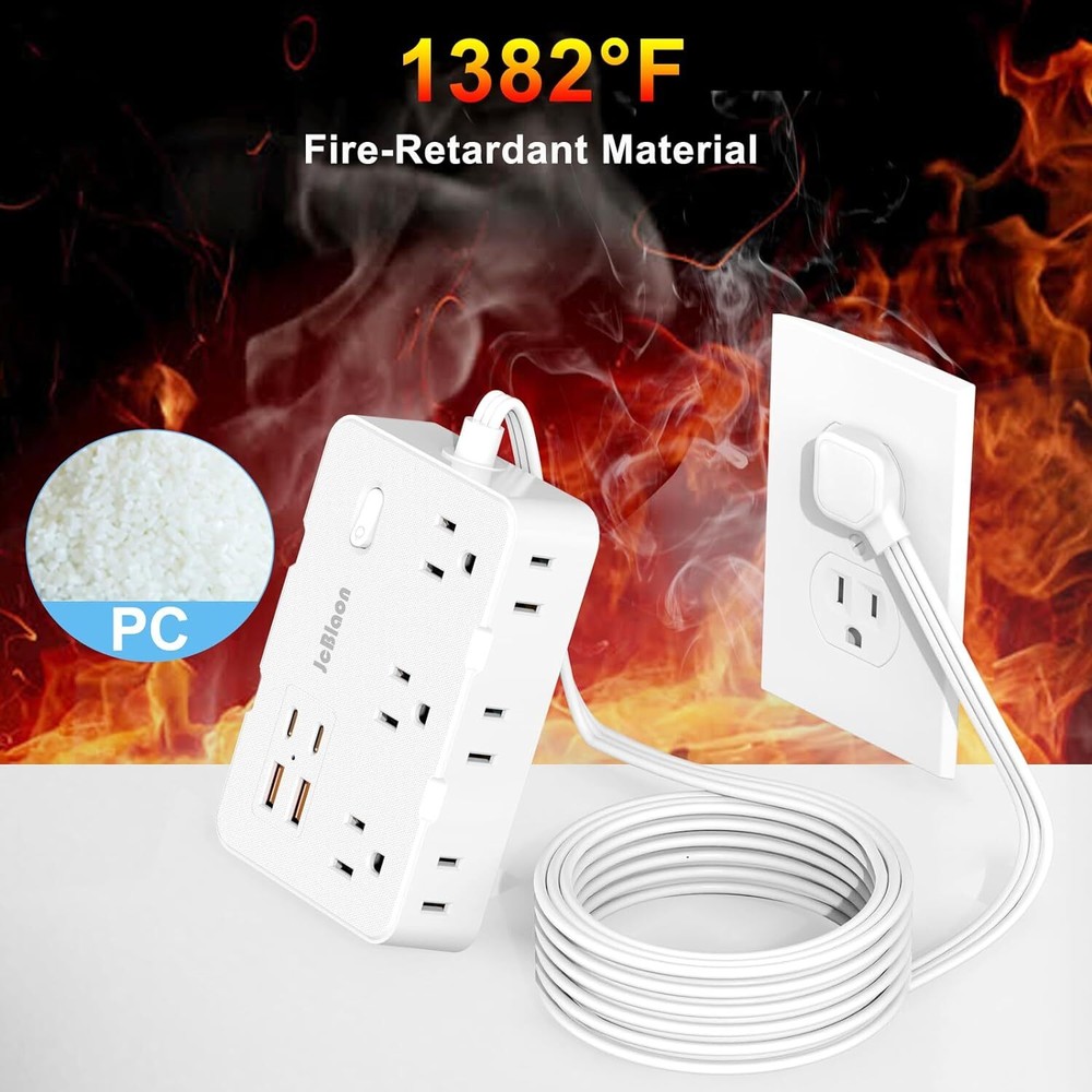 Flat Plug Power Strip Surge Protector, 5ft Ultra Thin Extension Cord White