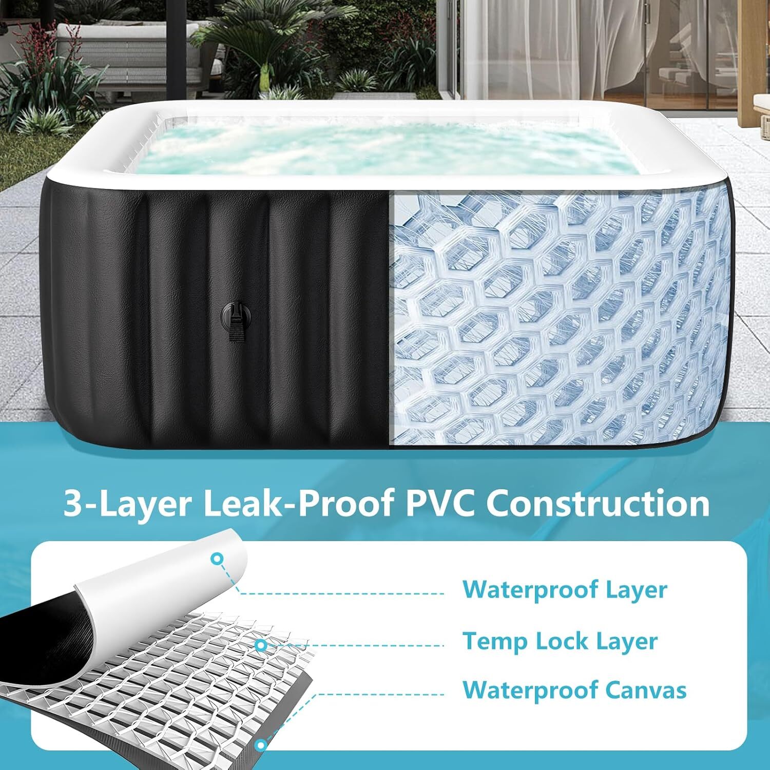 SLSY Inflatable Hot Tub 6 Person Large Square Hot Tub 73X73X25" Blow up Hot Tub