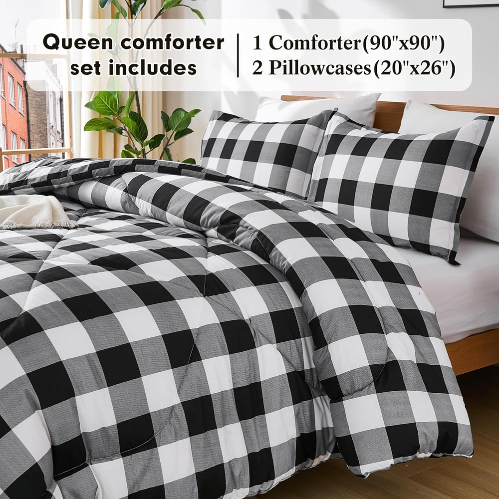 Black White Gray Grid Comforter Set, 3 Pieces Fluffy Gingham Checkered down Alte