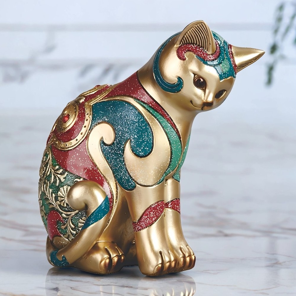 8"H Gold and Red Cat Figurine