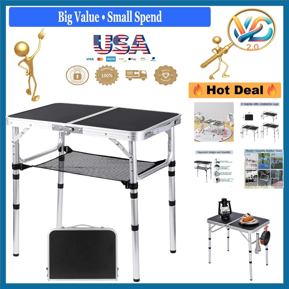 Lightweight Aluminum Folding Camping Table with Adjustable Height White 24"