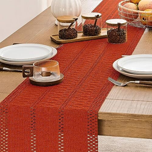Macrame Style Boho Table Runner, Burnt Ochre Fall Table 12x48 Inch Dark Orange
