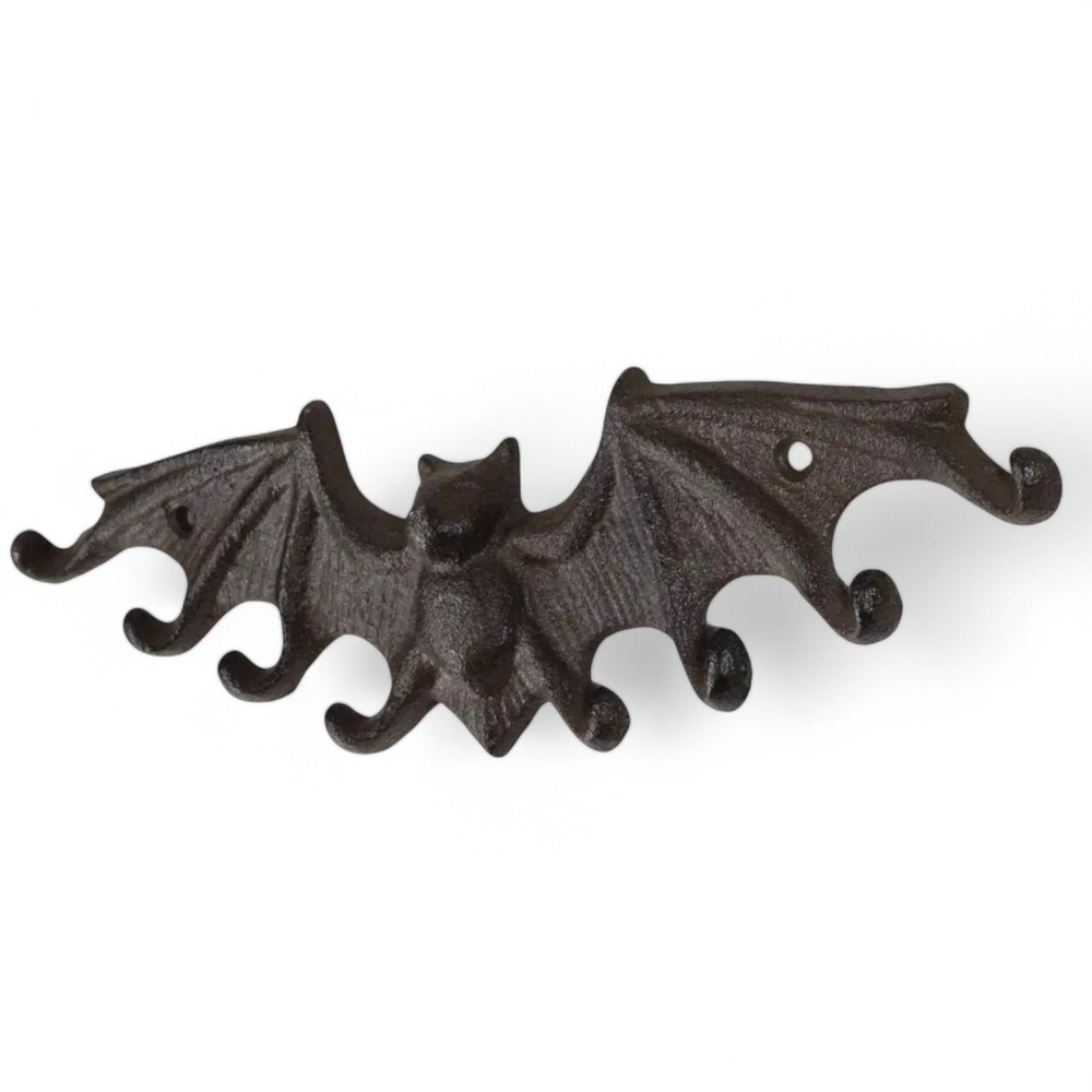 Rustic Cast Iron Bat Wall Hook – Gothic Halloween Decor, Key Rack w/ 8 Hooks