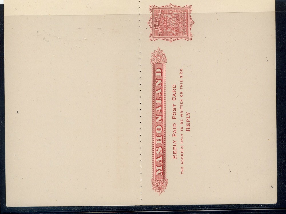 British  Africa  Mashonaland  postal  reply  card  unused  pristine