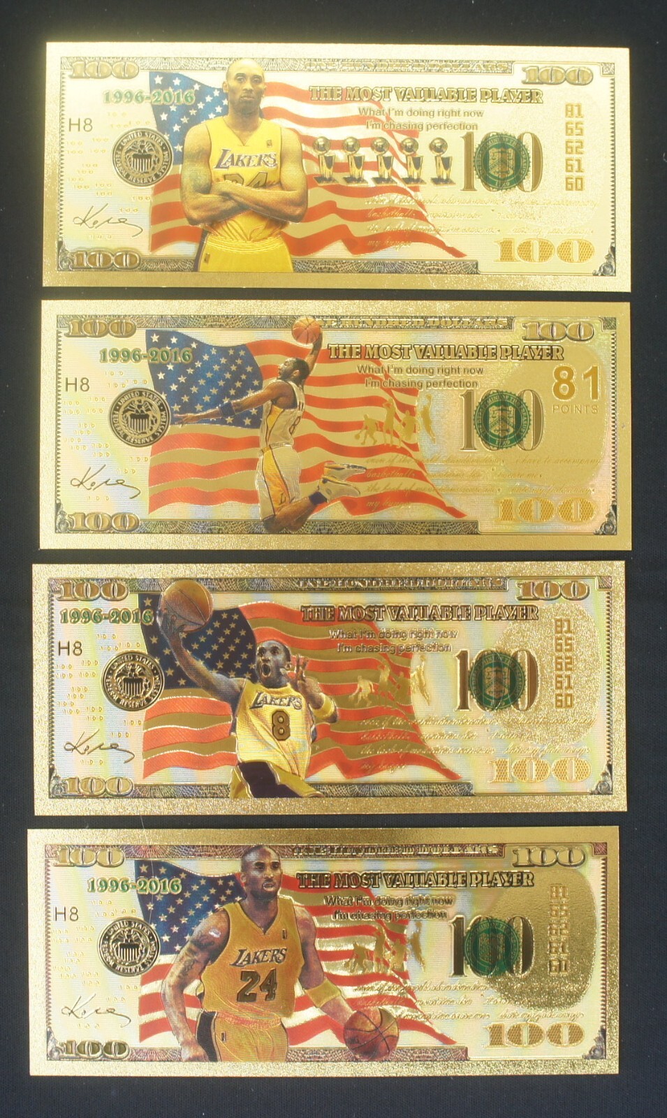 Kobe Bryant 14K Gold USA $100 Bill Set of 4 MVP Lakers Set Certificate FREE SHIP