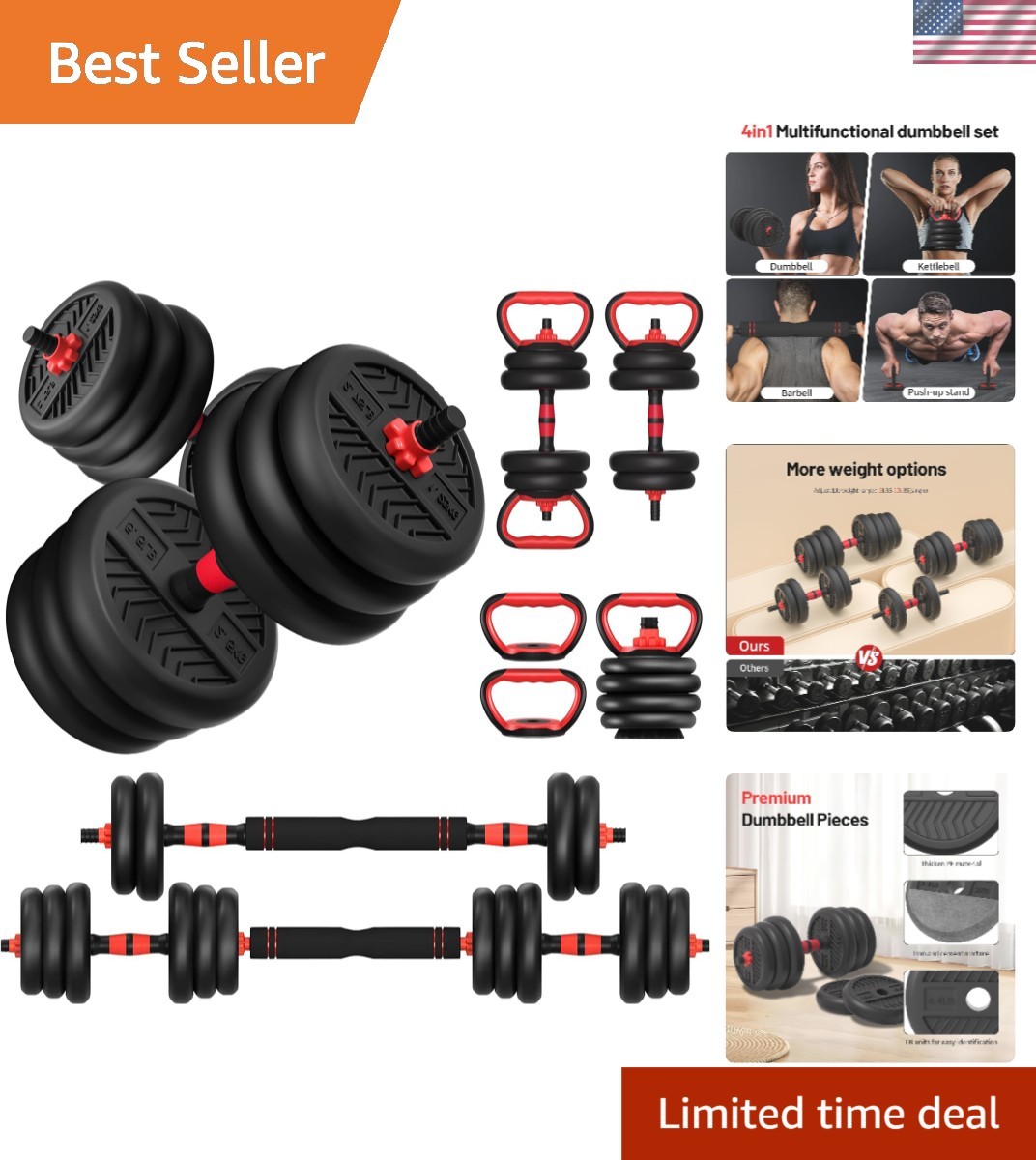 Space-Efficient 4-in-1 Adjustable Dumbbell Set (20-80lbs) - Ideal for Home Use