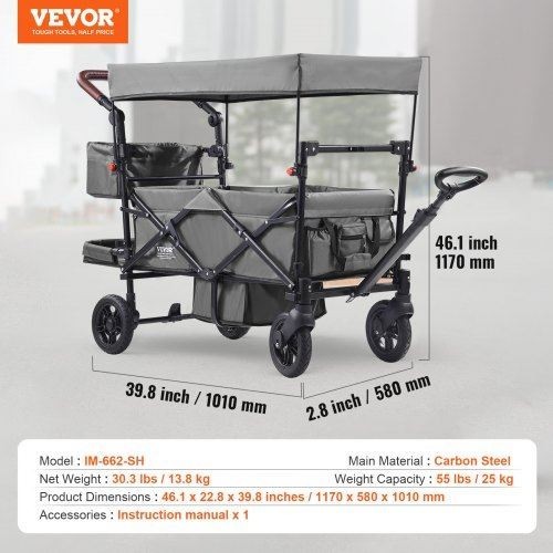 Wagon Stroller for 2 Kids Push Pull Quad Collapsible Stroller with Adjustable