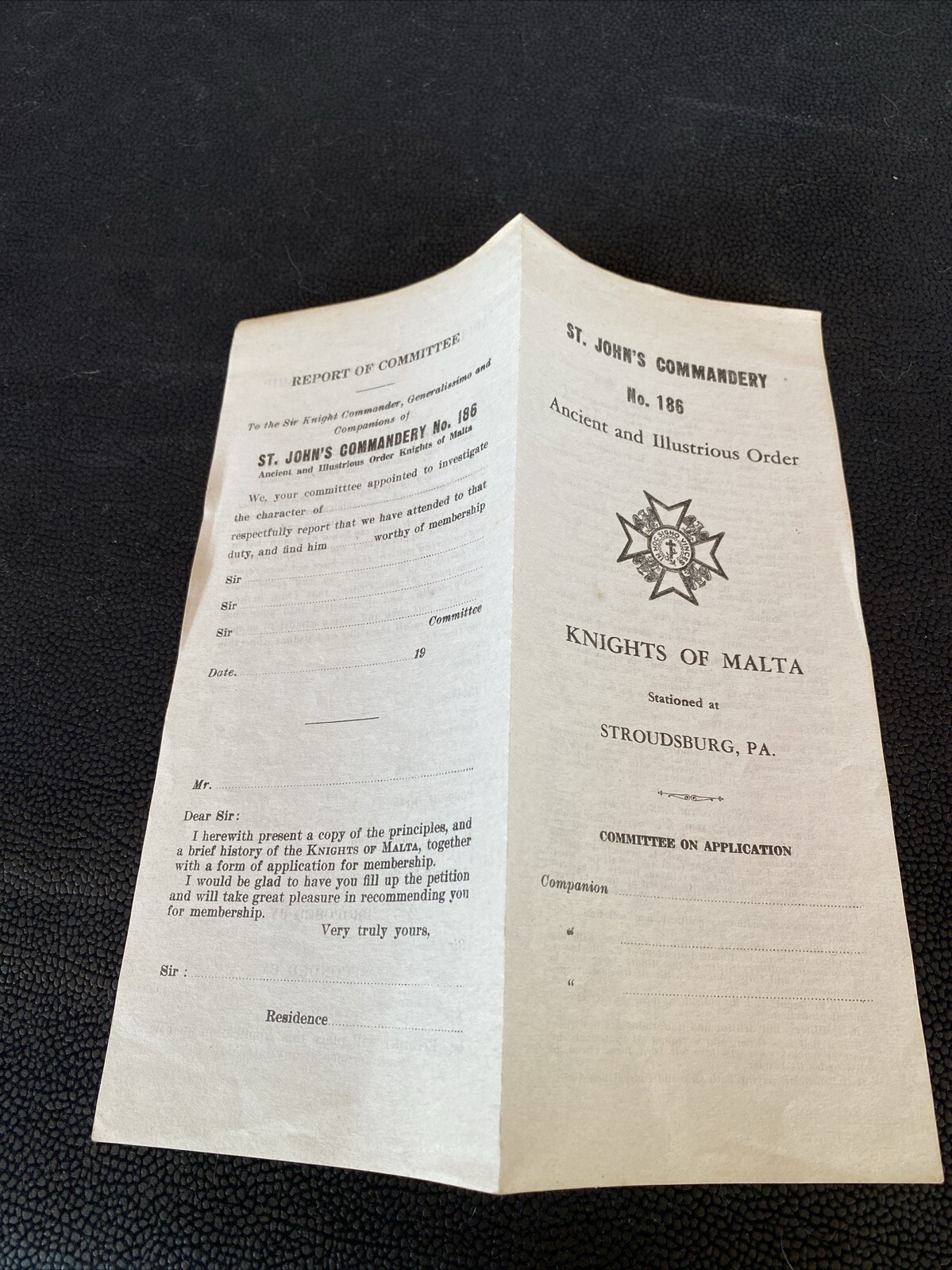 Knights of Malta Insignia Application Stroudsburg PA ST JOHN’S Commandery no 186