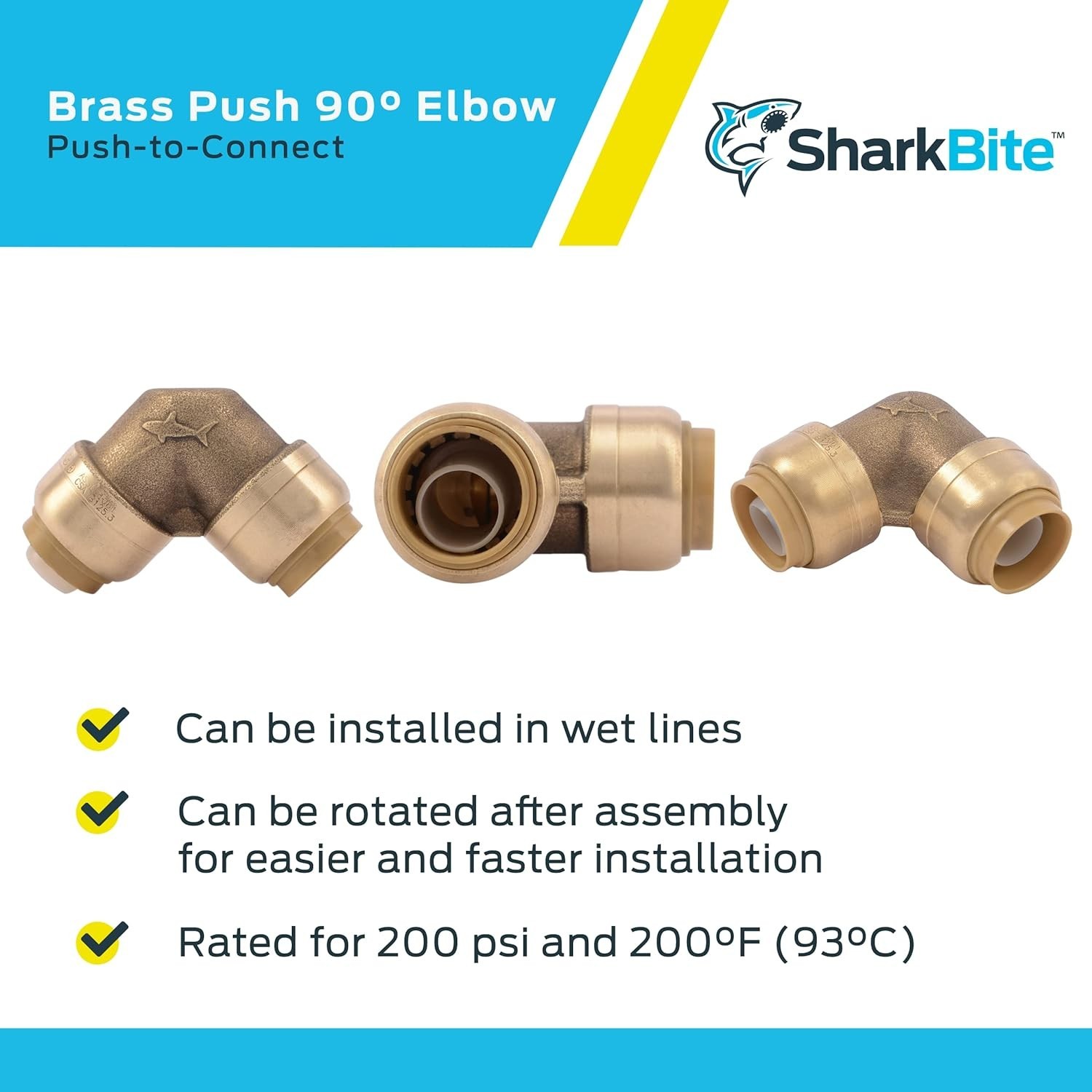 (PACK OF 4) SharkBite 1/2" X 1/2"- 90 Degree Elbow Push to Connect Brass Fitting