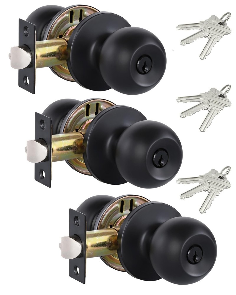 Lanwandeng (3 Pack) Black Door Knobs with Lock and Keys, Interior/Exterior Do...