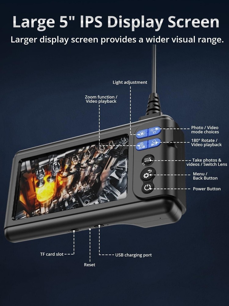 Endoscope Camera with Light,1920P HD 4.3" Display Borescope Camera, 16.5ft (5m)