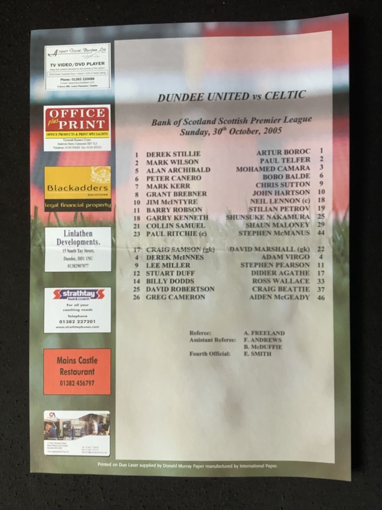 2005/6 Dundee Utd v Celtic October teamsheet