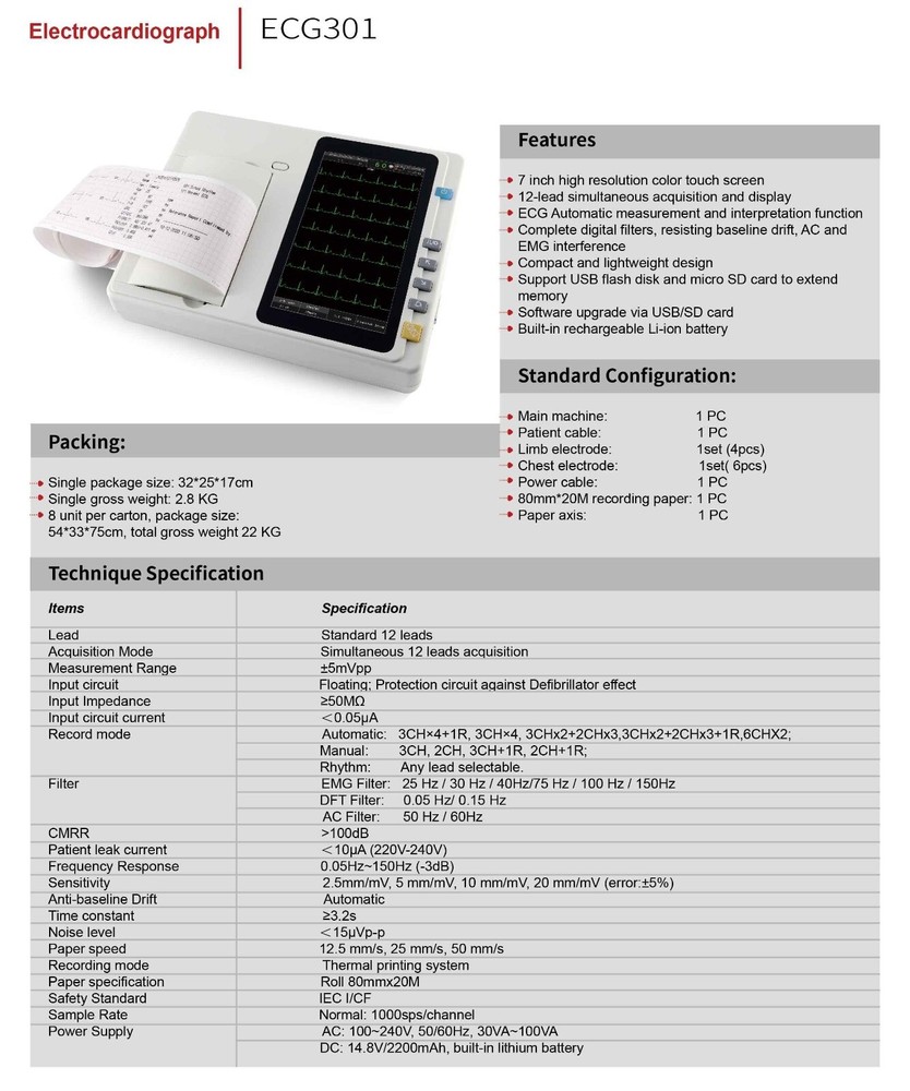3 Channel 12 Lead 7 Inch Touch Screen ECG EKG Machine With PC software