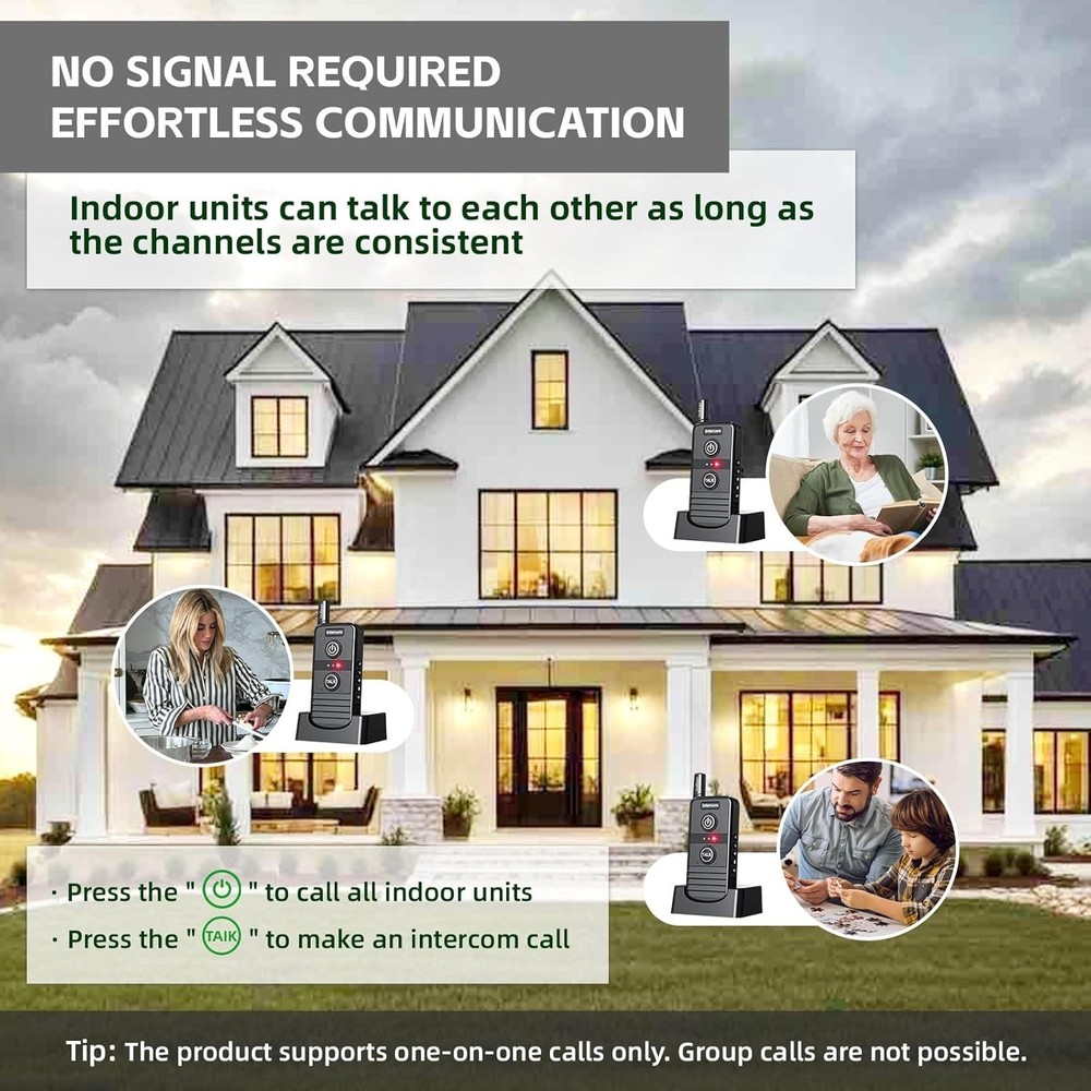 Wireless Home Intercom System 2 Pack Long Range 4900ft Waterproof Office House