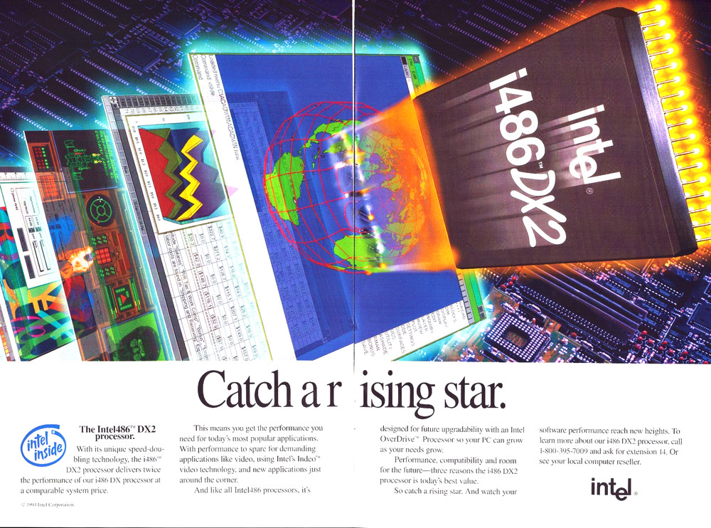 Intel Inside Computer Processor 486 DX2 Catch Rising Star Vintage Print Ad 1993