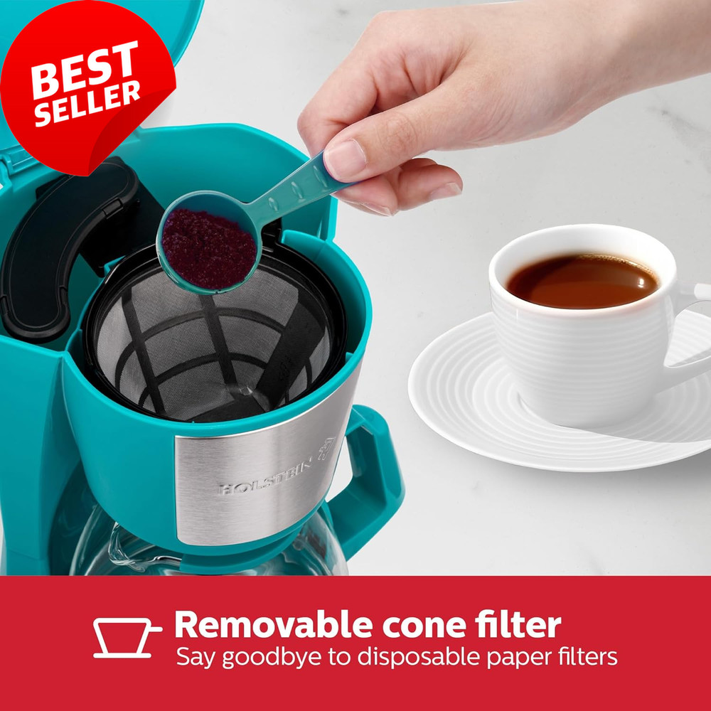 5-Cup Drip Coffee Maker, Auto Pause, Reusable Filter, Glass Carafe, Teal