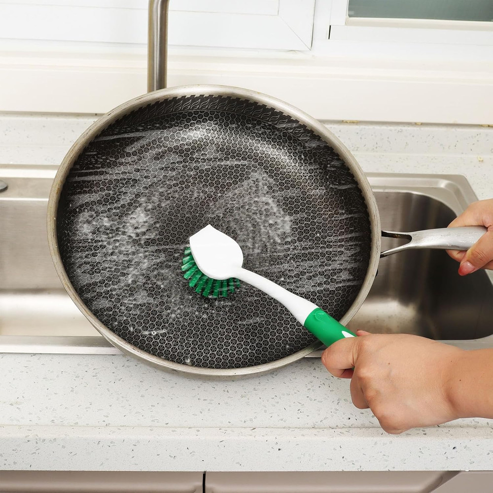 Dish Brush with Handle, 2 Pack Scrub Brushes with Built-In Scraper for Cleaning