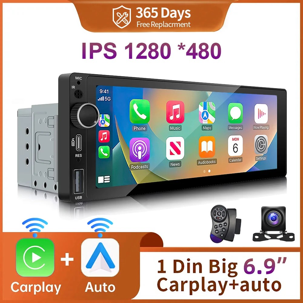 6.9 1Din CarPlay Android Auto Car Radio MP5 Player Bluetooth USB Stereo