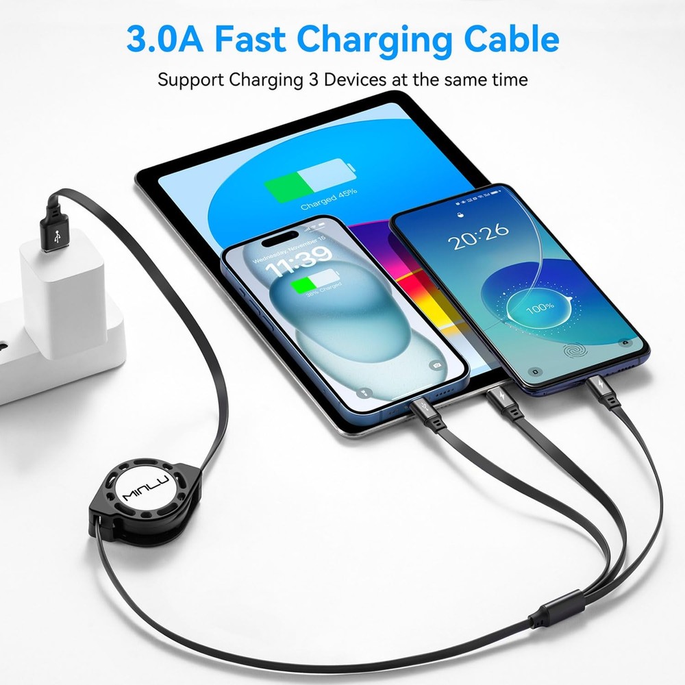 MINLU Multi Charging Cable 3A, 2Pack 4ft Retractable 4 feet, Black