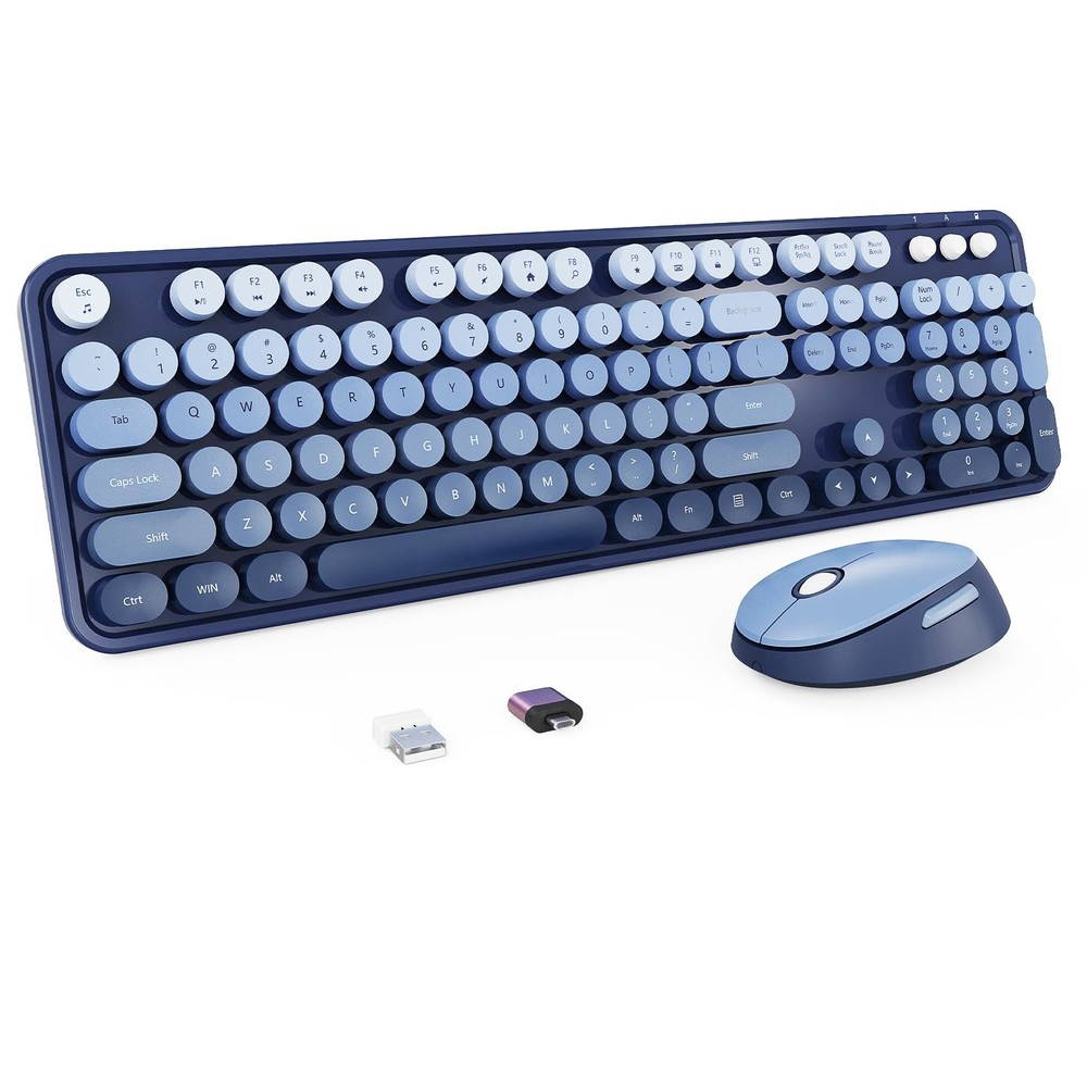 Wireless Keyboard and Mouse Combo, Retro Typewriter Keyboard with Round Keyca...