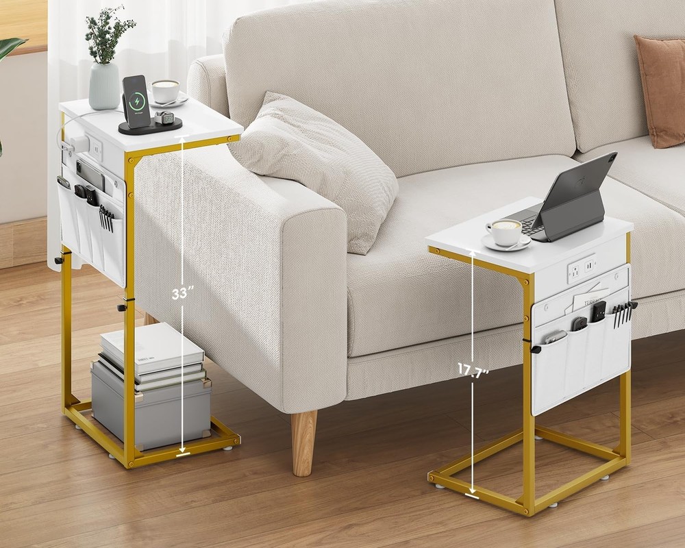 C Shaped End Table W/ Charging Station Adjustable Height Couch Sofa Side Table