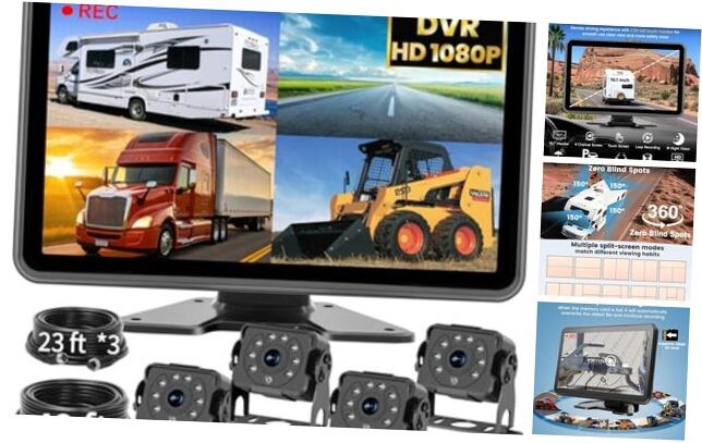 4 Wired Backup Camera System: 10.1" 1080P Touch DVR Recording Quad Split