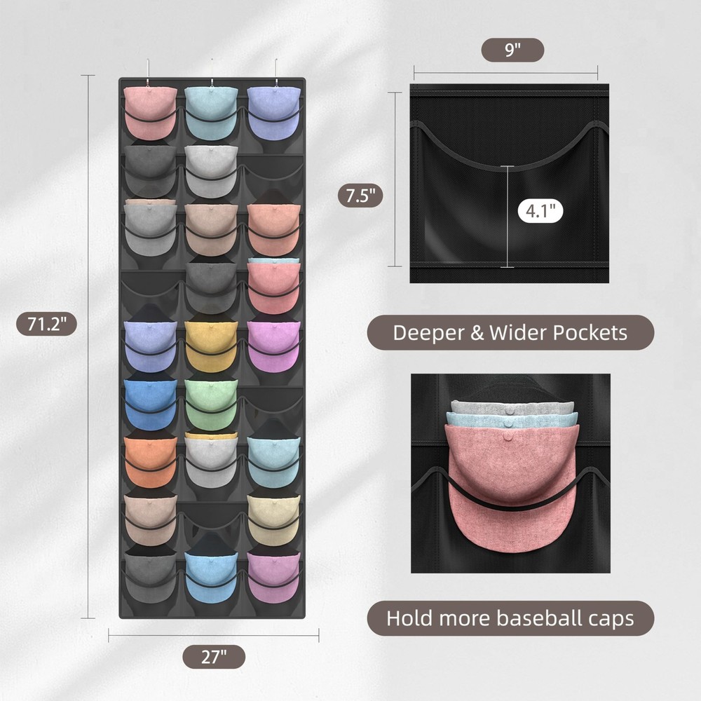 Hat Organizer Racks for Baseball Caps, 27 Deeper Pockets Baseball Hat Rack, C...