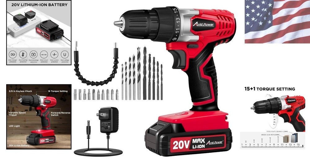 Ergonomic 20V Cordless Drill Set with Variable Speed & Built-in LED Light