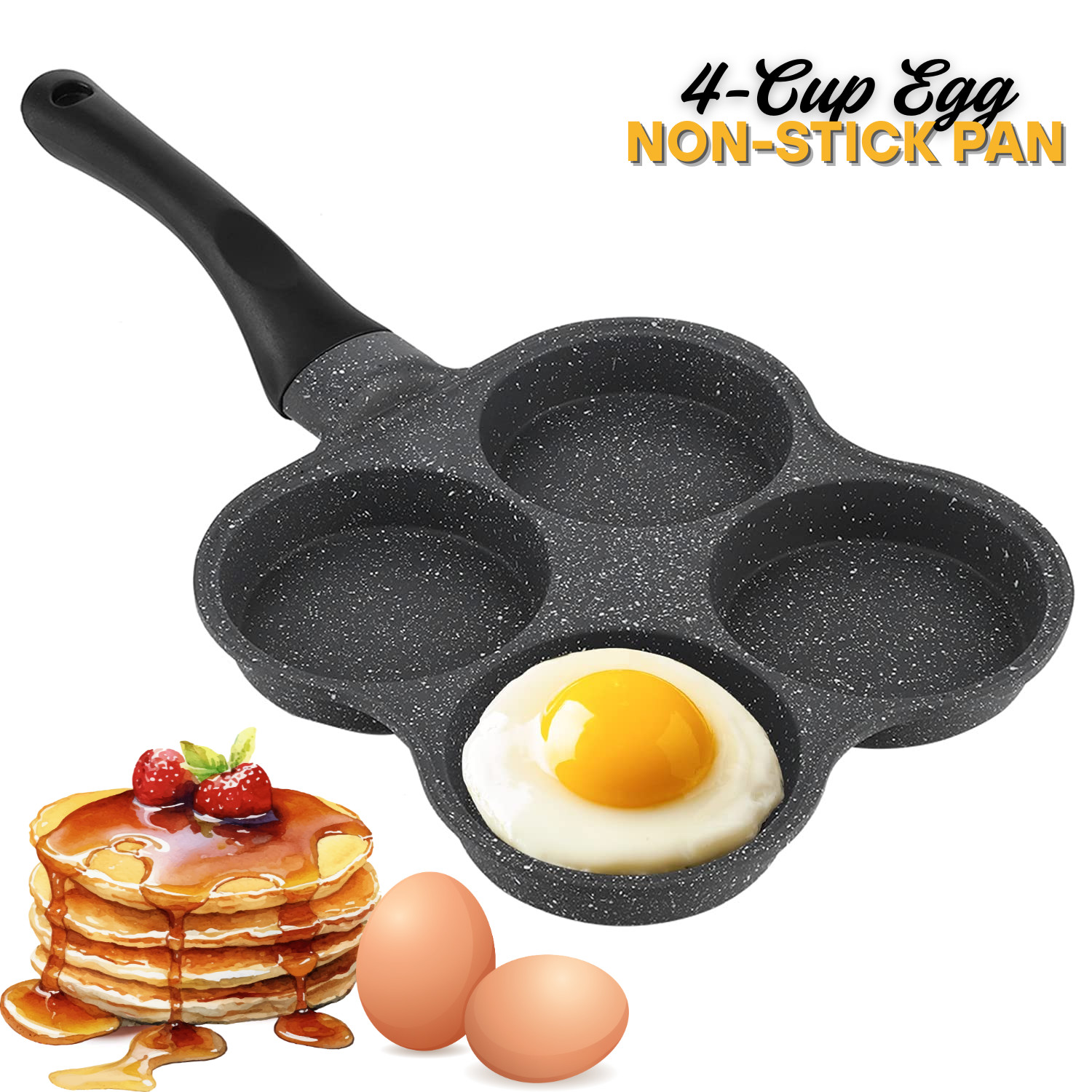 4 Hole Cup Egg Hamburger Pancake Maker Non-Stick Frying Pan with Wooden Handle