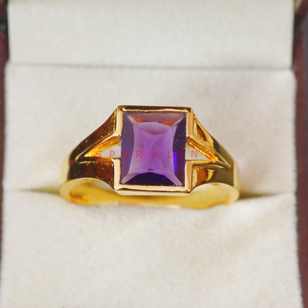 Amethyst Baguette Cut With 14K Solid Gold Ring For Men's #E486