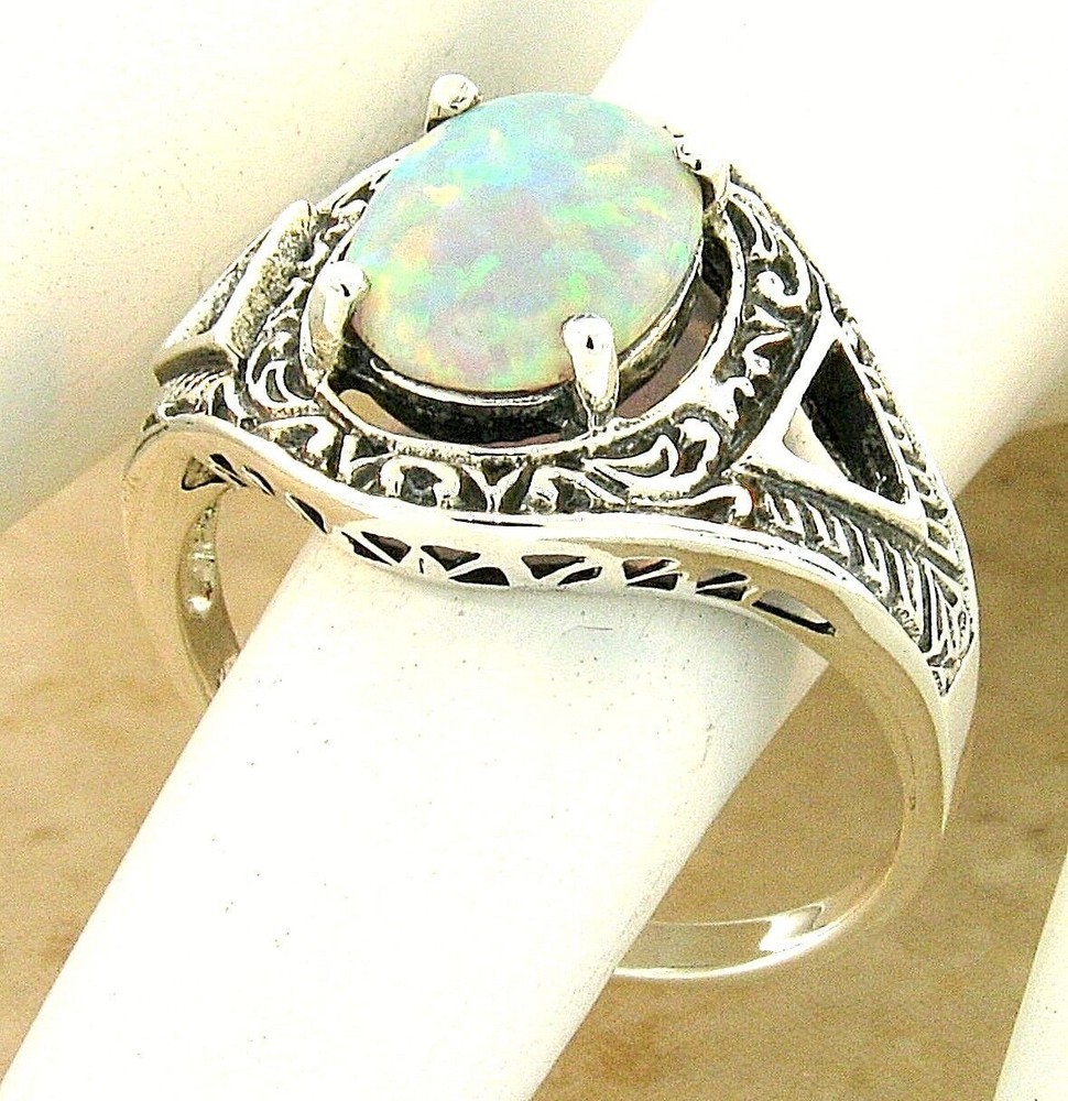ANTIQUE STYLE 925 SOLID STERLING SILVER LAB-CREATED OPAL FILIGREE RING 1107X
