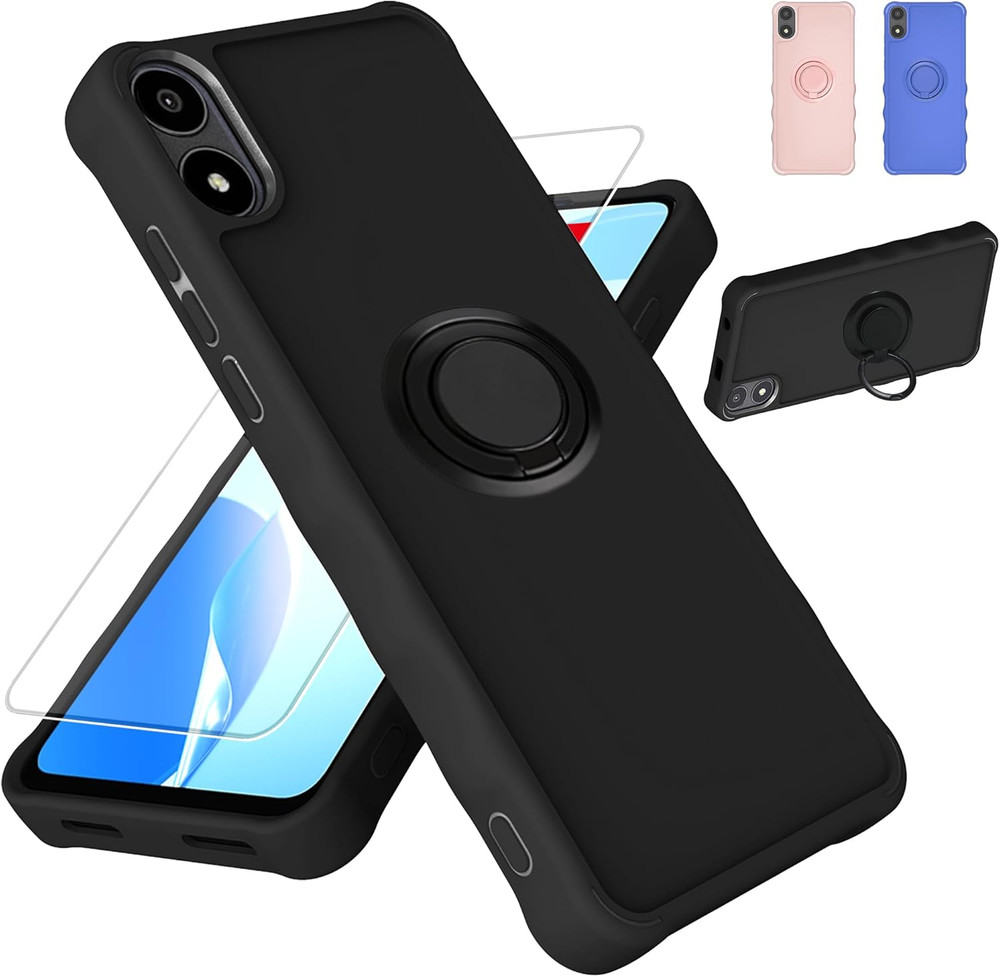 Phone Case A67L Black with Tempered Glass Screen Protector 2MM Ring Support
