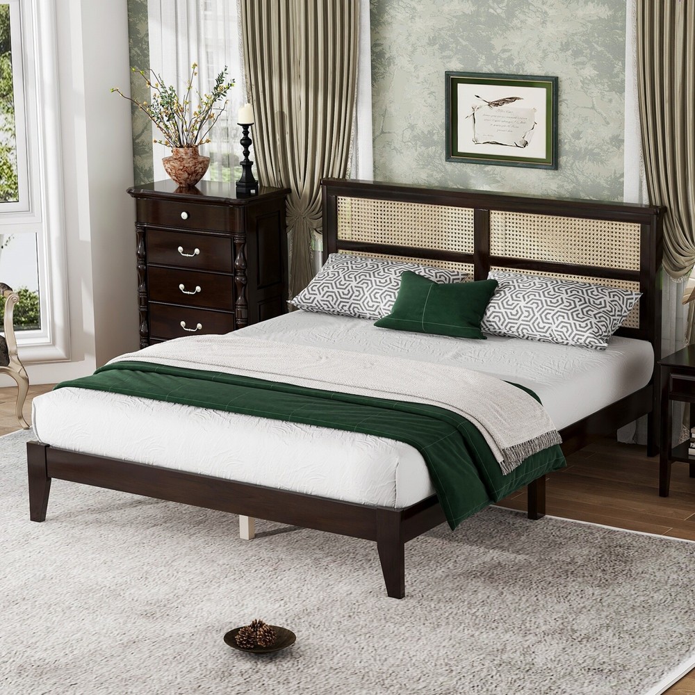 Queen Size Bed Frame Wooden Platform Bed Frame w/ Rattan Headboard Espresso