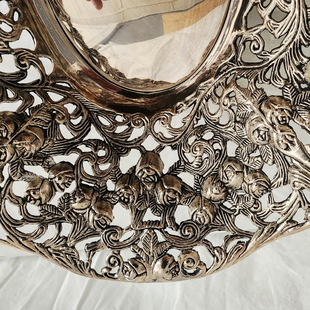 Silverplate Metal Centerpiece Bowl Intricate Pierced Openwork Design Roses